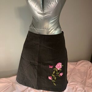 Black A-Line Skirt with Pink Rose Embroidery